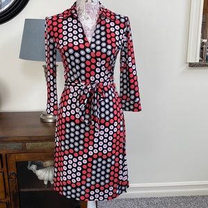 EUC Ellen Tracy Black, White, Gray & Pink Polka Dot Wrap Dress S
